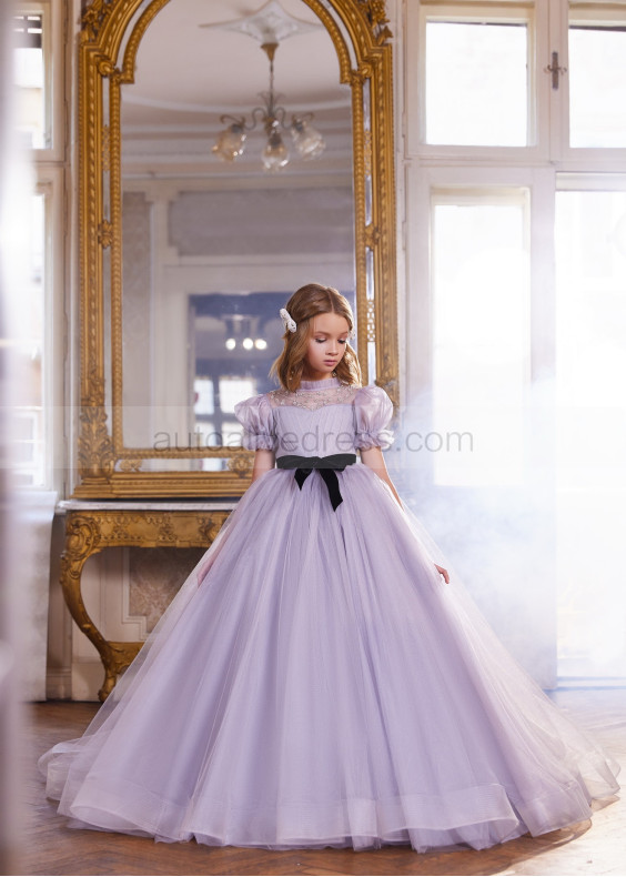 Puff Sleeves Beaded Tulle Flower Girl Dress With Horsehair Hem